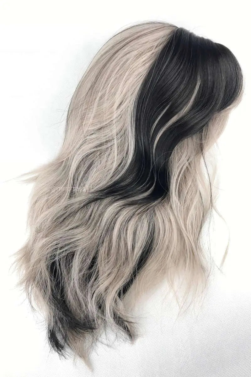Long Curly Wig with Silver and Black Streak Design