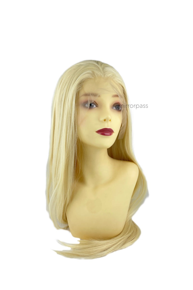A pre-plucked heat-resistant synthetic Swiss lace front wig in oatmeal blonde color.