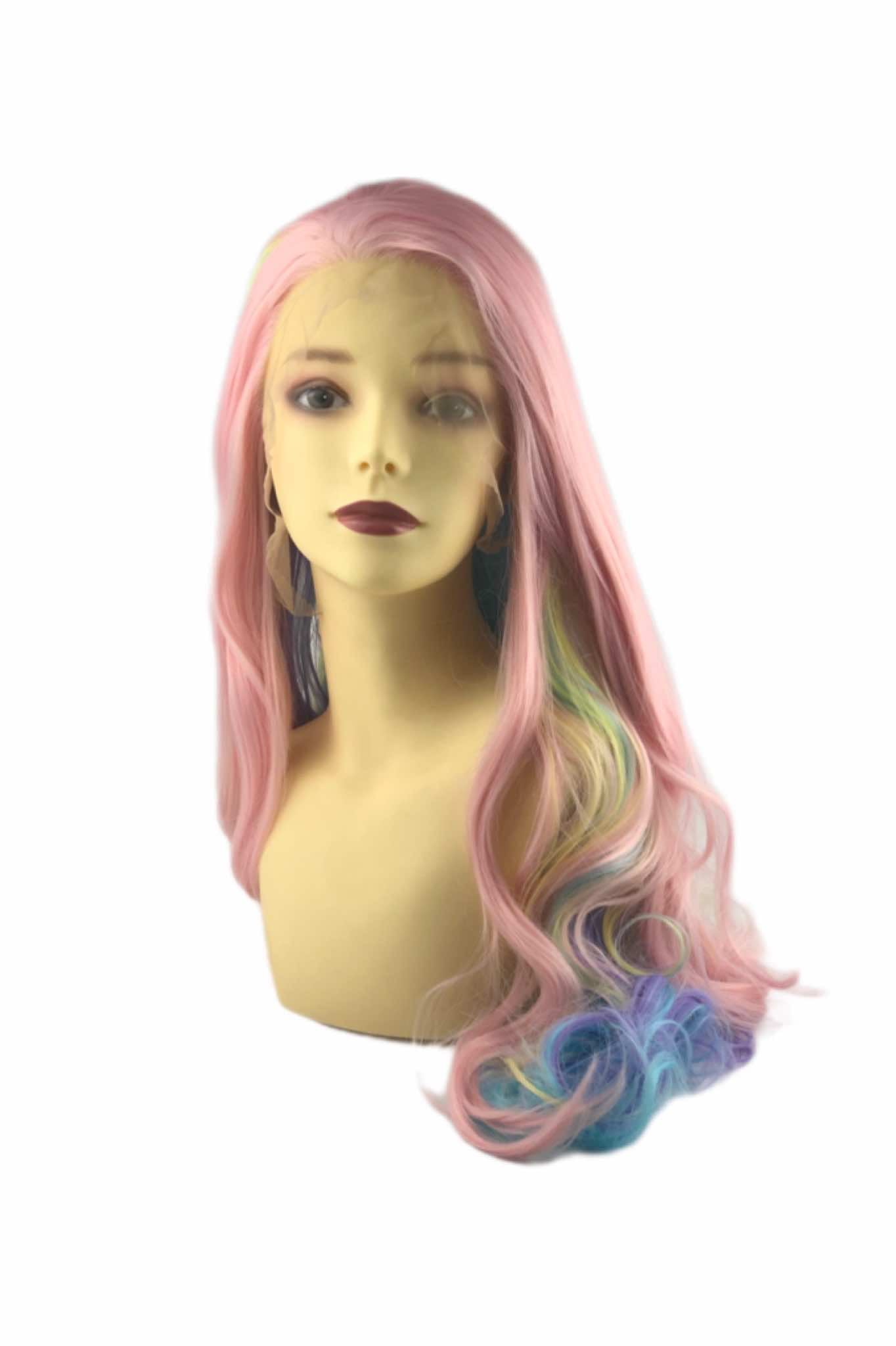 A synthetic wig with a lace front, styled in a wavy coral color with blue, green, pink, and purple highlights.